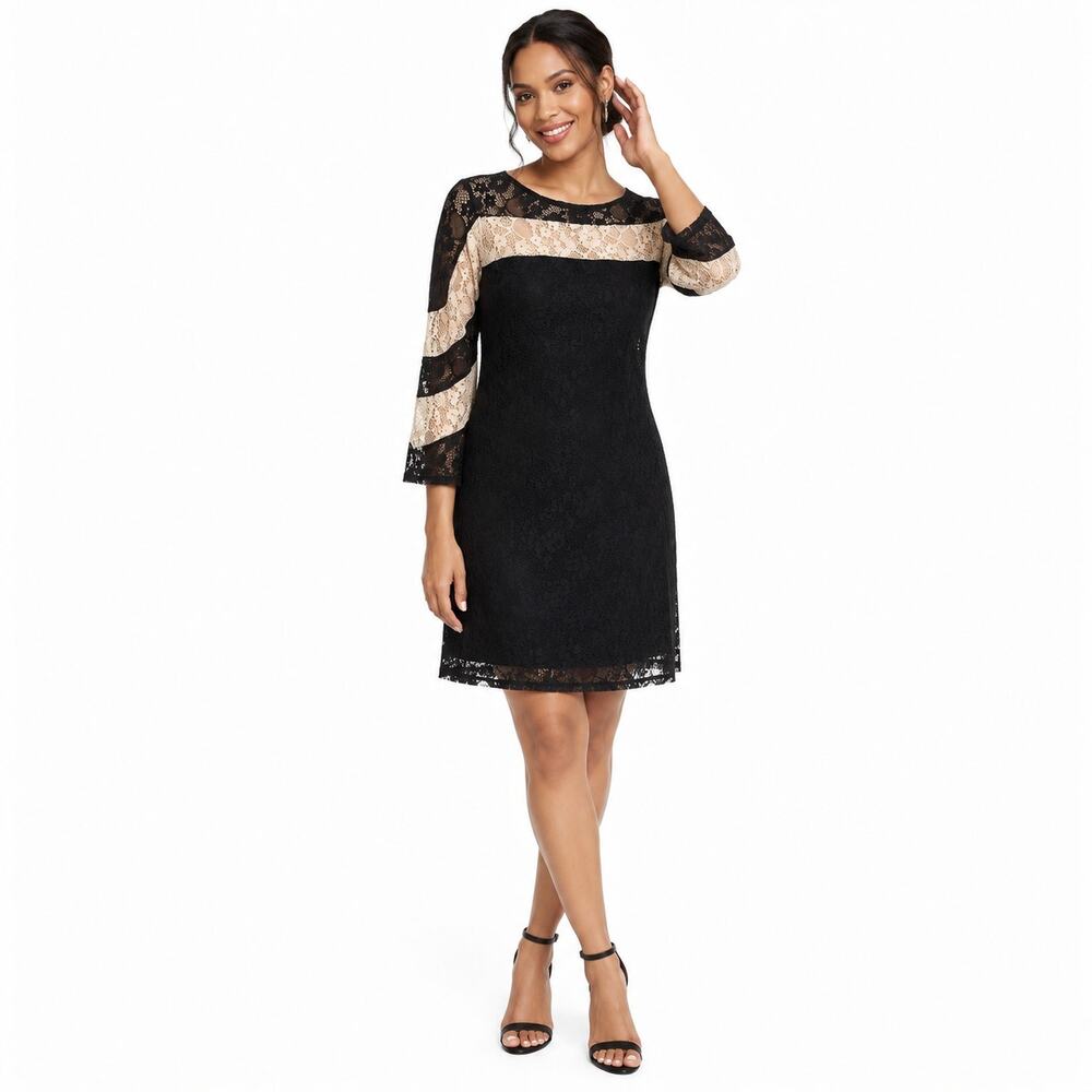 Gabby Skye Womens Cocktail Dress Size 8 Black Beige Lace Wedding Guest Party
